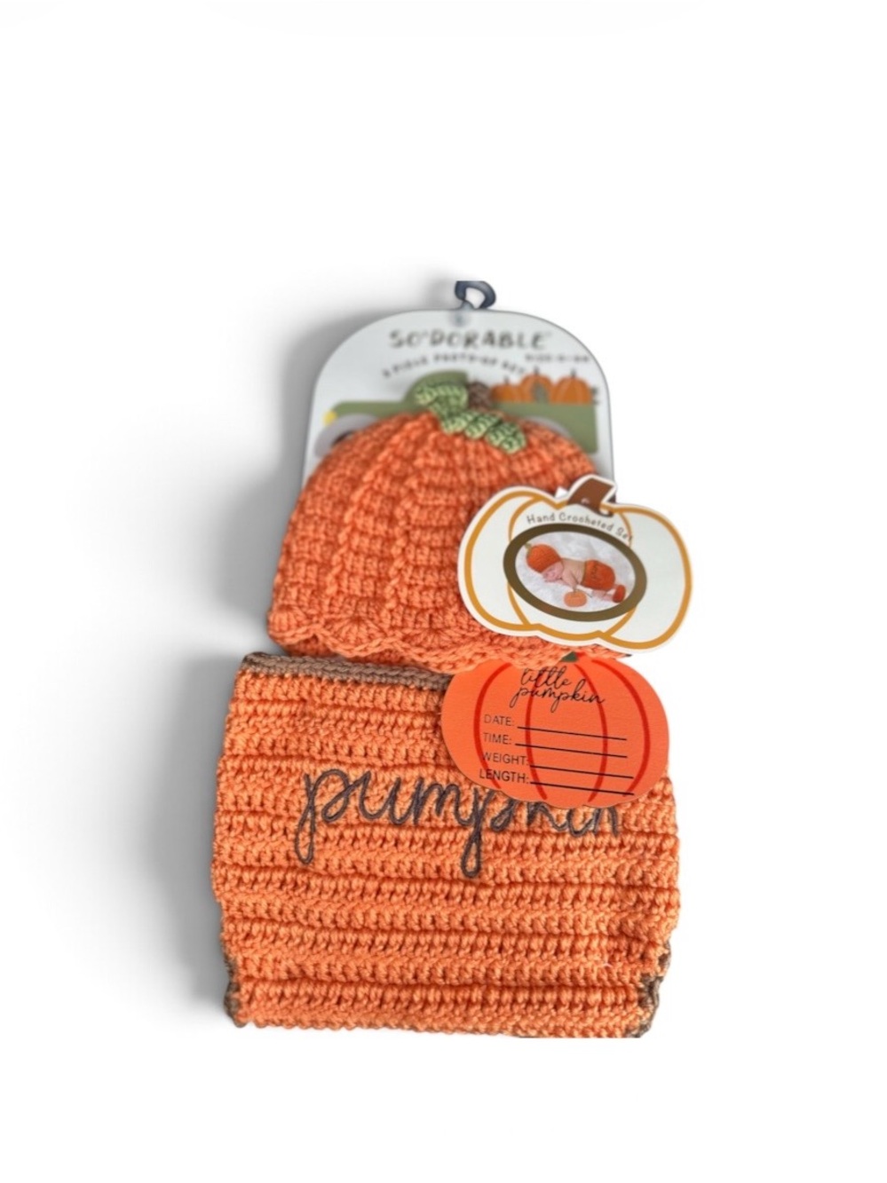 Orange Pumpkin Knit Baby Hat & Diaper Cover Set w/Baby Info Pumpkin Plate